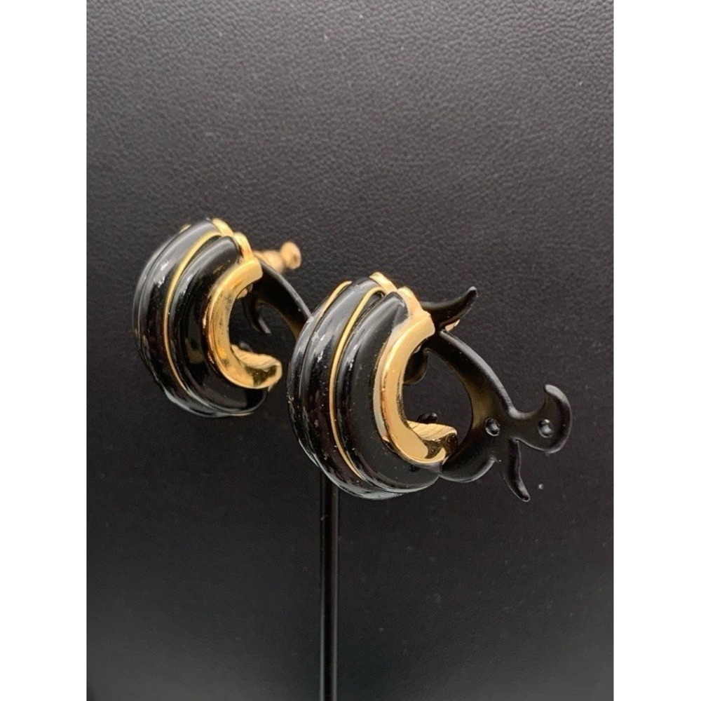 Vintage Gold Tone And Black Thick Chunky Half Hoop Earrings